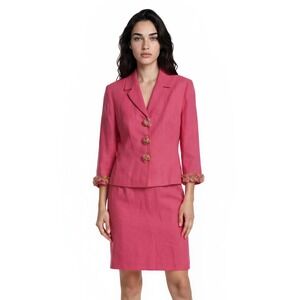 Althuser Dress Womens Size 6 Pink 100% Linen Skirt Suit Organza Trim USA Vintage